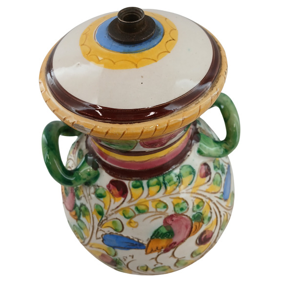 VTG Italian Majolica Sgraffito Hand-Painted Floral Pottery Vase w/ Lid See desc. - Picture 3 of 11